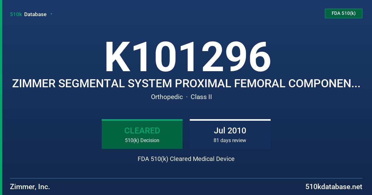 K101296 ZIMMER SEGMENTAL SYSTEM PROXIMAL FEMORAL COMPONENT AND SMALL DIAMETER STEM EXTENSIONS FDA 510(k) Cleared Medical Device