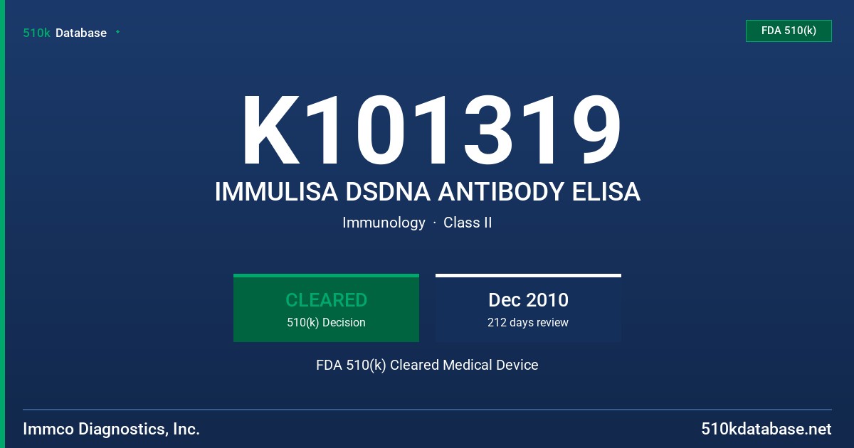 K101319 IMMULISA DSDNA ANTIBODY ELISA FDA 510(k) Cleared Medical Device