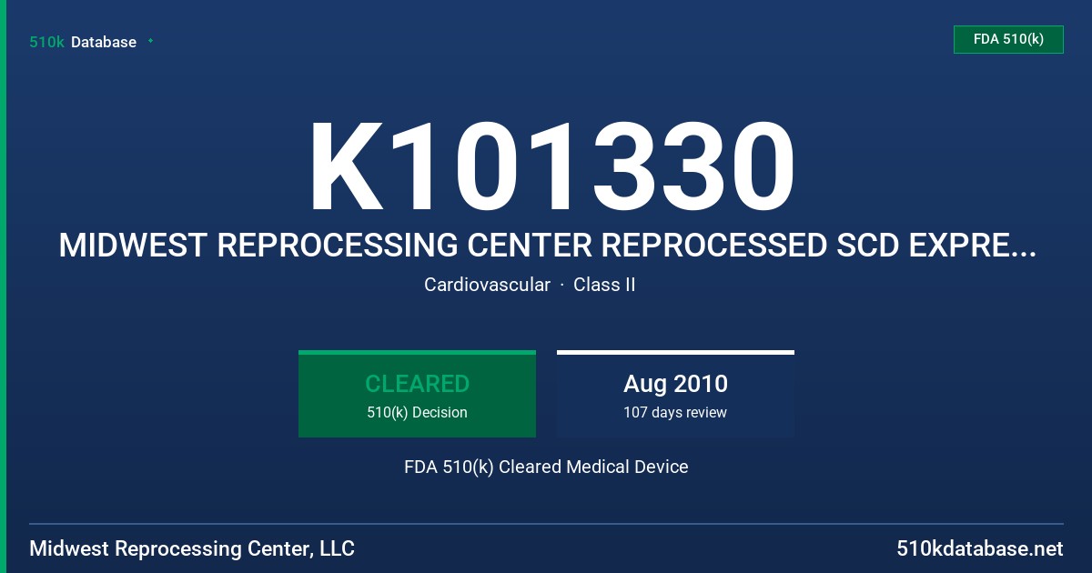 K101330 MIDWEST REPROCESSING CENTER REPROCESSED SCD EXPRESS SLEEVES/ FOOT CUFFS, MIDWEST REPROCESSING CENTER REPROCESSED ALP SLE FDA 510(k) Cleared Medical Device