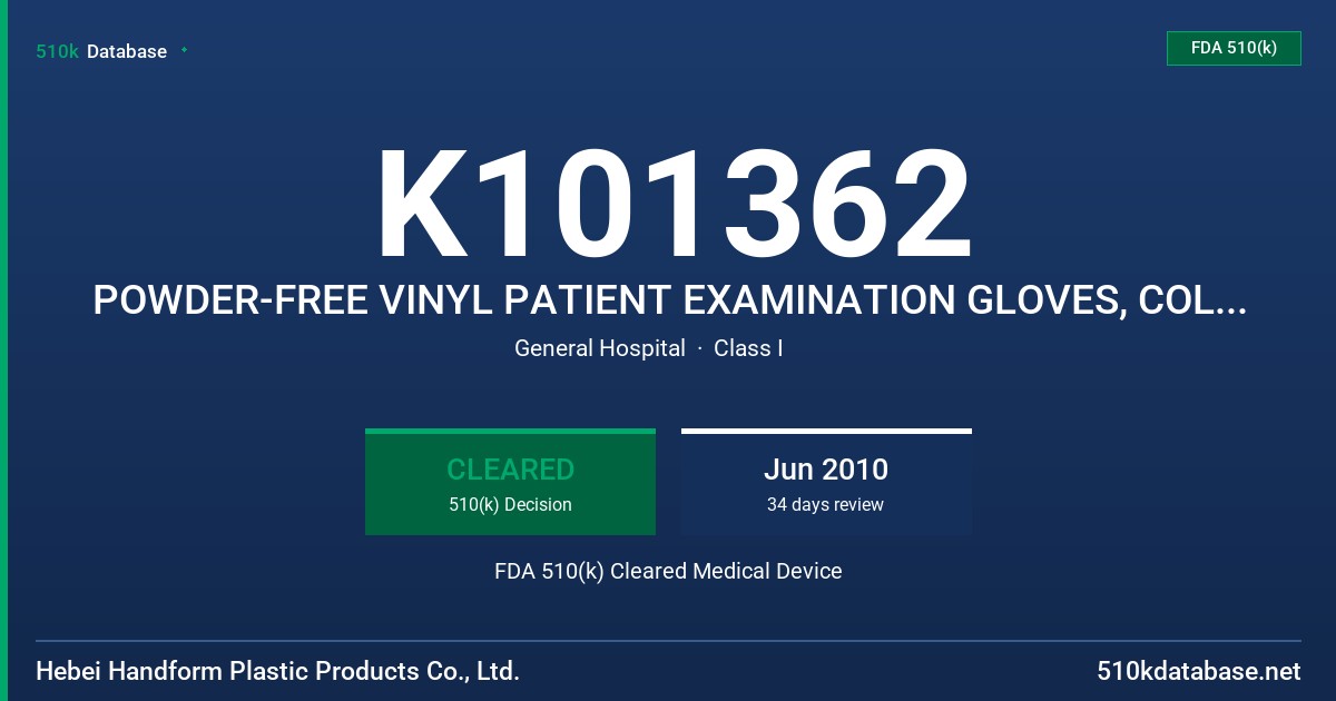 K101362 POWDER-FREE VINYL PATIENT EXAMINATION GLOVES, COLORED (YELLOW) FDA 510(k) Cleared Medical Device