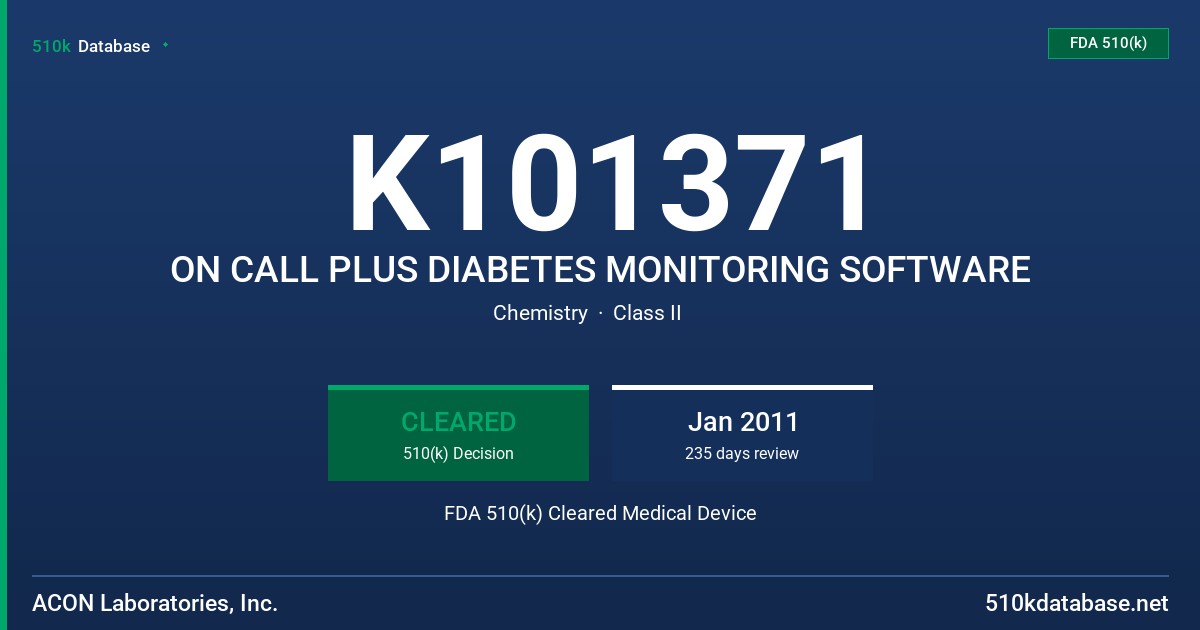 K101371 ON CALL PLUS DIABETES MONITORING SOFTWARE FDA 510(k) Cleared Medical Device
