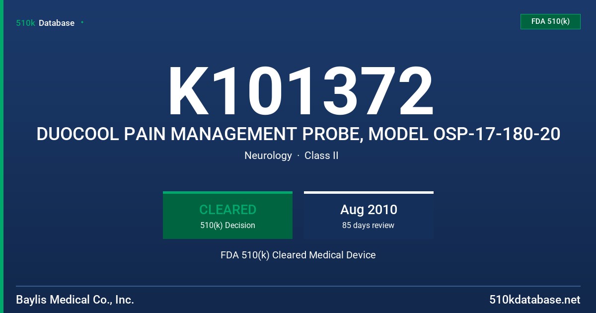 K101372 DUOCOOL PAIN MANAGEMENT PROBE, MODEL OSP-17-180-20 FDA 510(k) Cleared Medical Device