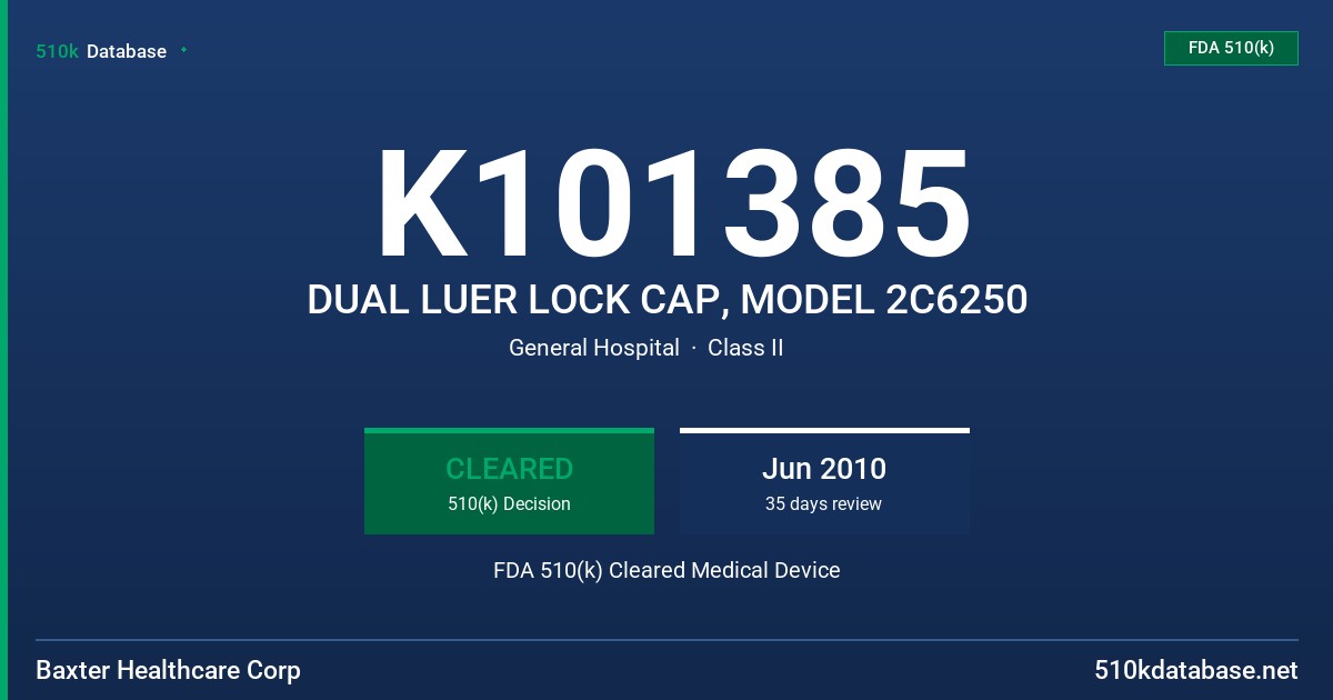 K101385 DUAL LUER LOCK CAP, MODEL 2C6250 FDA 510(k) Cleared Medical Device