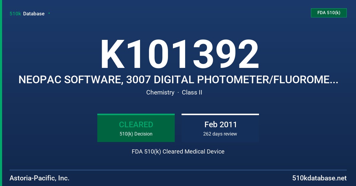 K101392 NEOPAC SOFTWARE, 3007 DIGITAL PHOTOMETER/FLUOROMETER MODEL NA, 307 AND 350D FDA 510(k) Cleared Medical Device