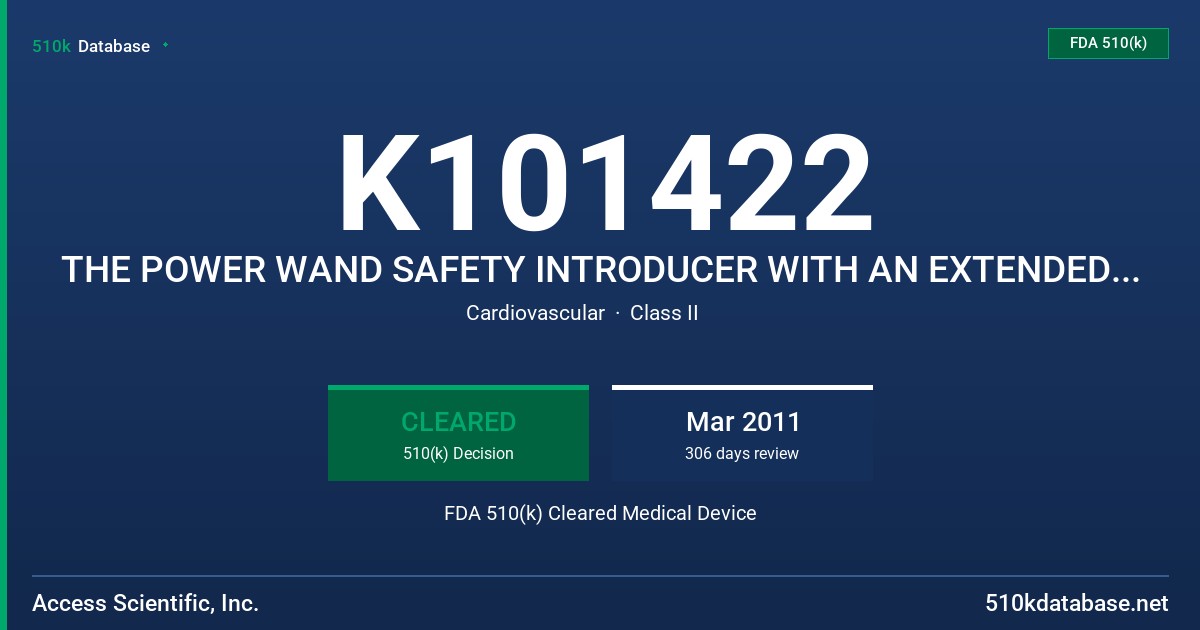 K101422 THE POWER WAND SAFETY INTRODUCER WITH AN EXTENDED DWELL CATHETER FDA 510(k) Cleared Medical Device