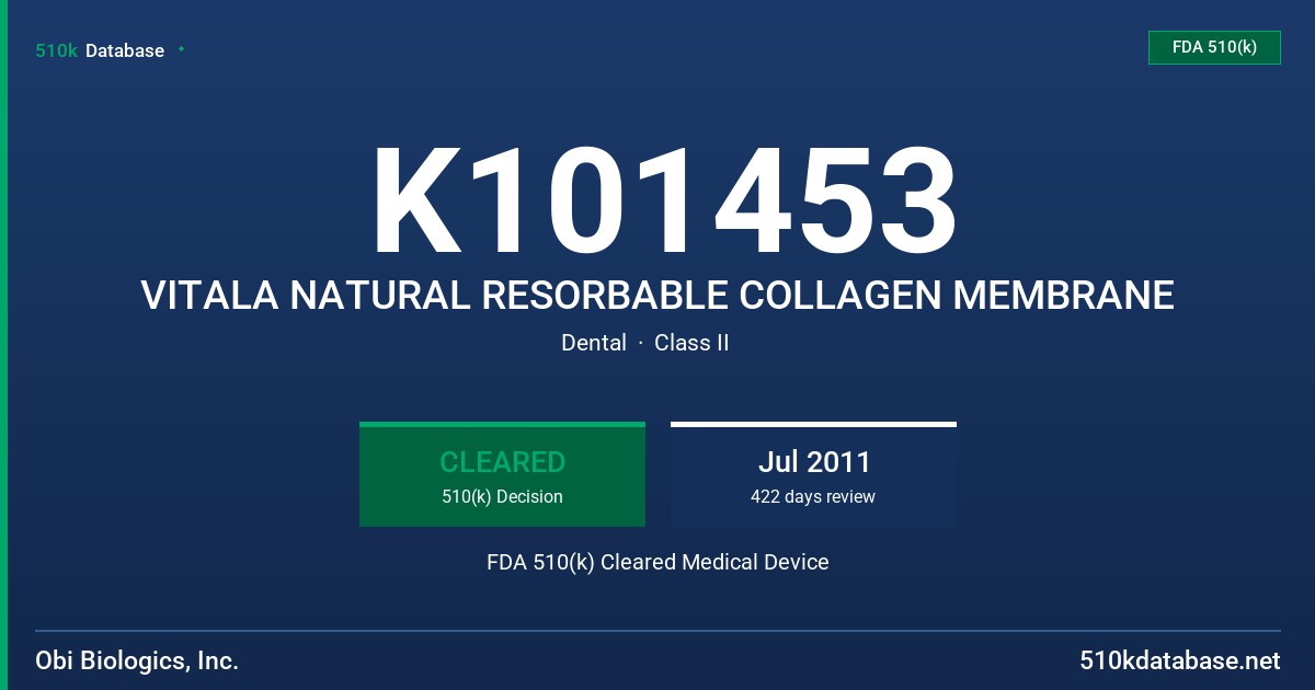 K101453 VITALA NATURAL RESORBABLE COLLAGEN MEMBRANE FDA 510(k) Cleared Medical Device