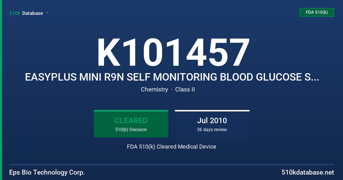 K101457 EASYPLUS MINI R9N SELF MONITORING BLOOD GLUCOSE SYSTEM MODEL EPS10031 FDA 510(k) Cleared Medical Device