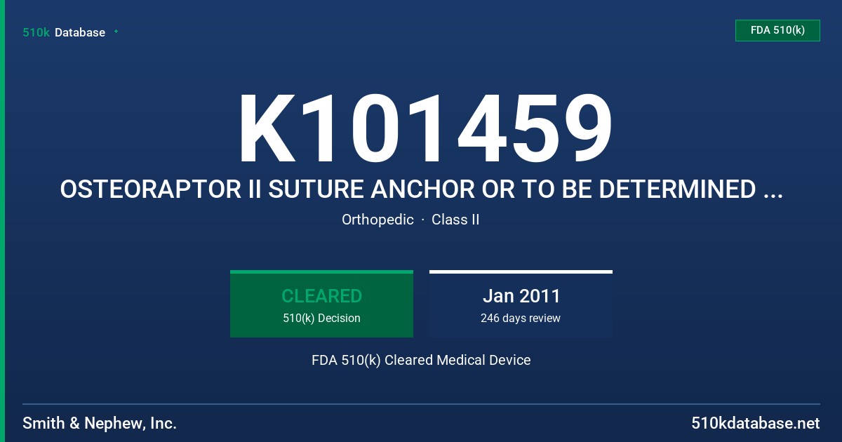 K101459 OSTEORAPTOR II SUTURE ANCHOR OR TO BE DETERMINED MODEL: 72202764 72202765 72202766 72202767 72202768 72202769 72202770 FDA 510(k) Cleared Medical Device