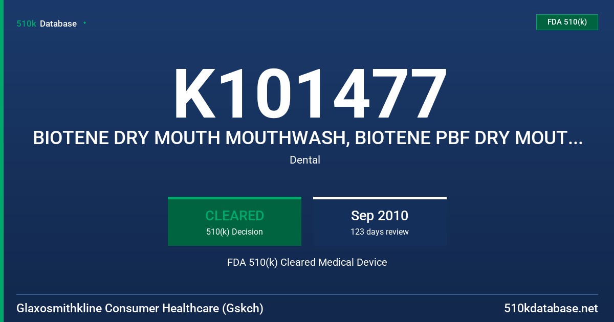 K101477 BIOTENE DRY MOUTH MOUTHWASH, BIOTENE PBF DRY MOUTH MOUTHWASH FDA 510(k) Cleared Medical Device