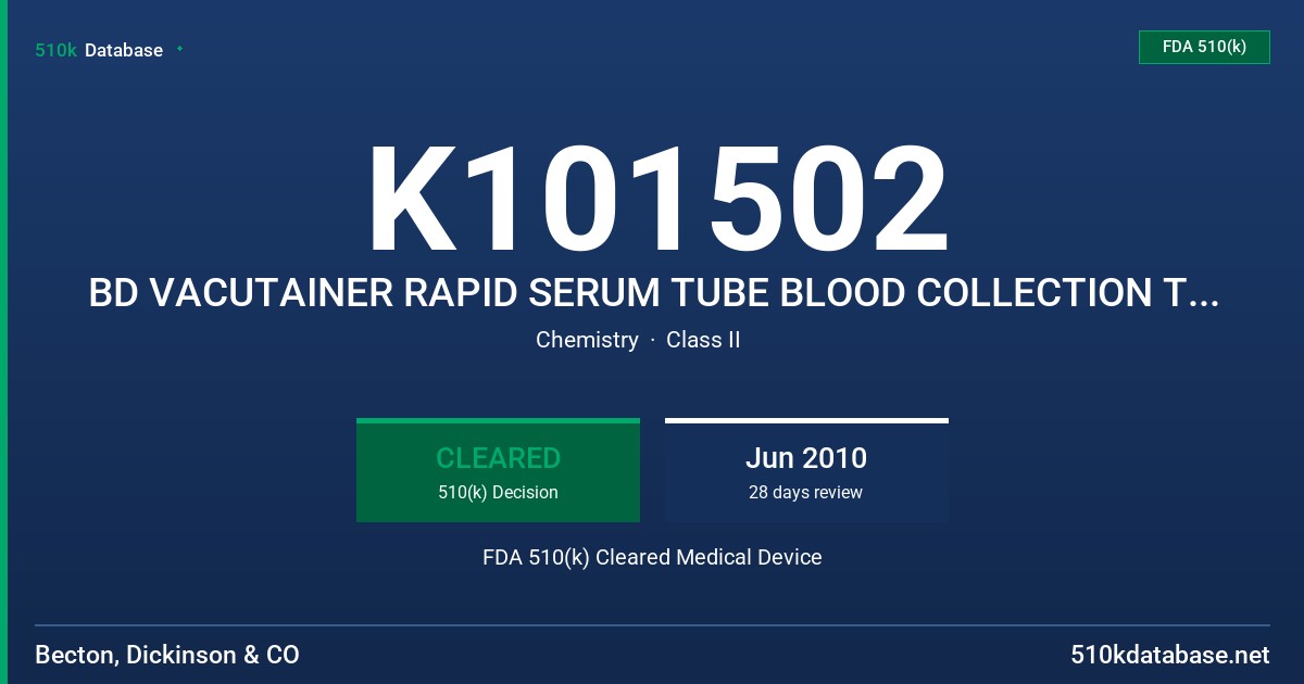 K101502 BD VACUTAINER RAPID SERUM TUBE BLOOD COLLECTION TUBE, MODEL 368774 FDA 510(k) Cleared Medical Device