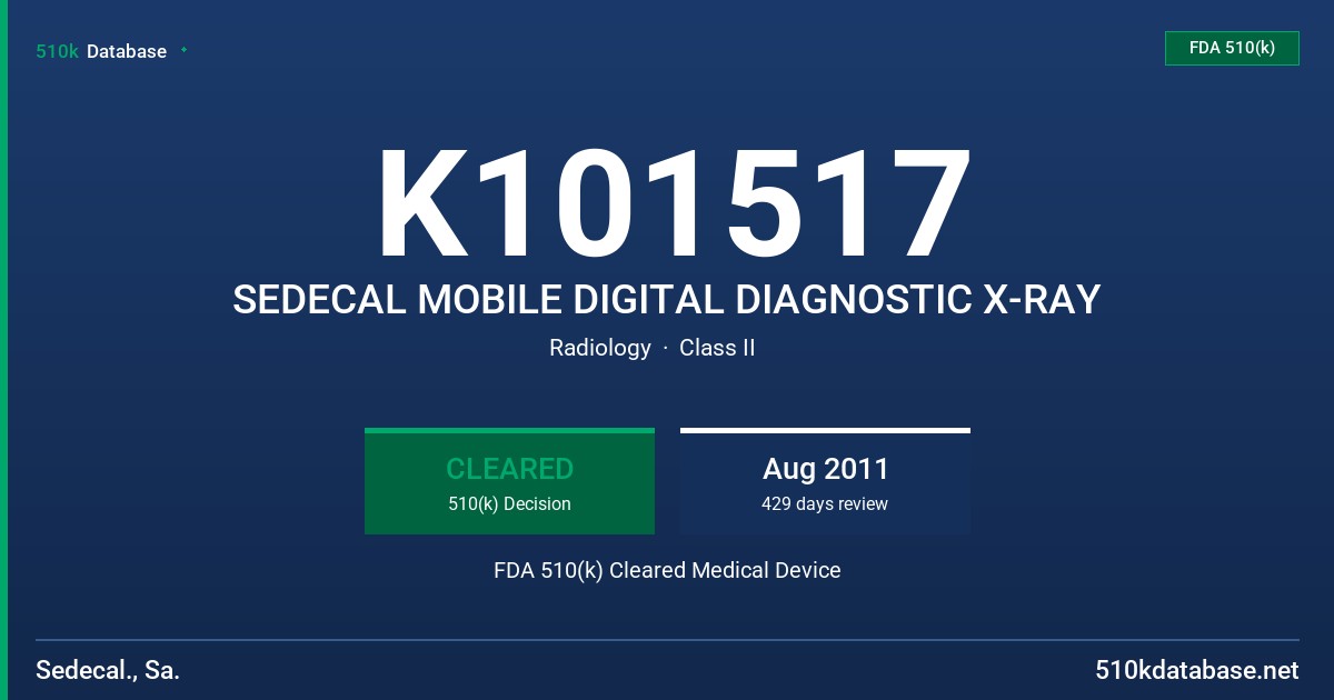 K101517 SEDECAL MOBILE DIGITAL DIAGNOSTIC X-RAY FDA 510(k) Cleared Medical Device