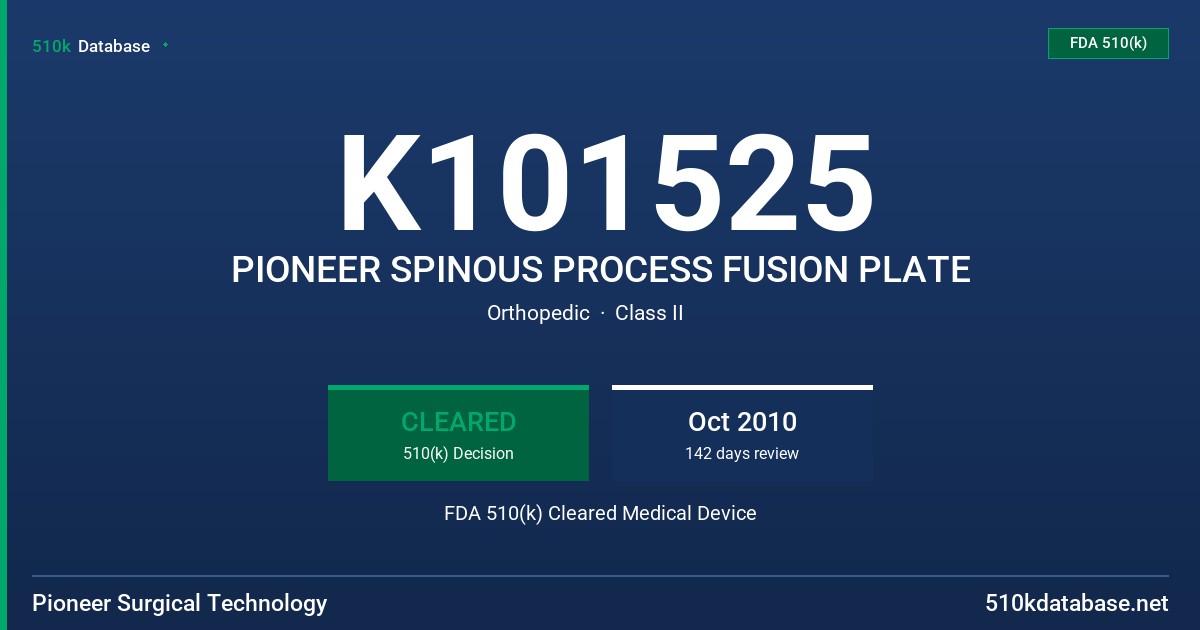 K101525 PIONEER SPINOUS PROCESS FUSION PLATE FDA 510(k) Cleared Medical Device