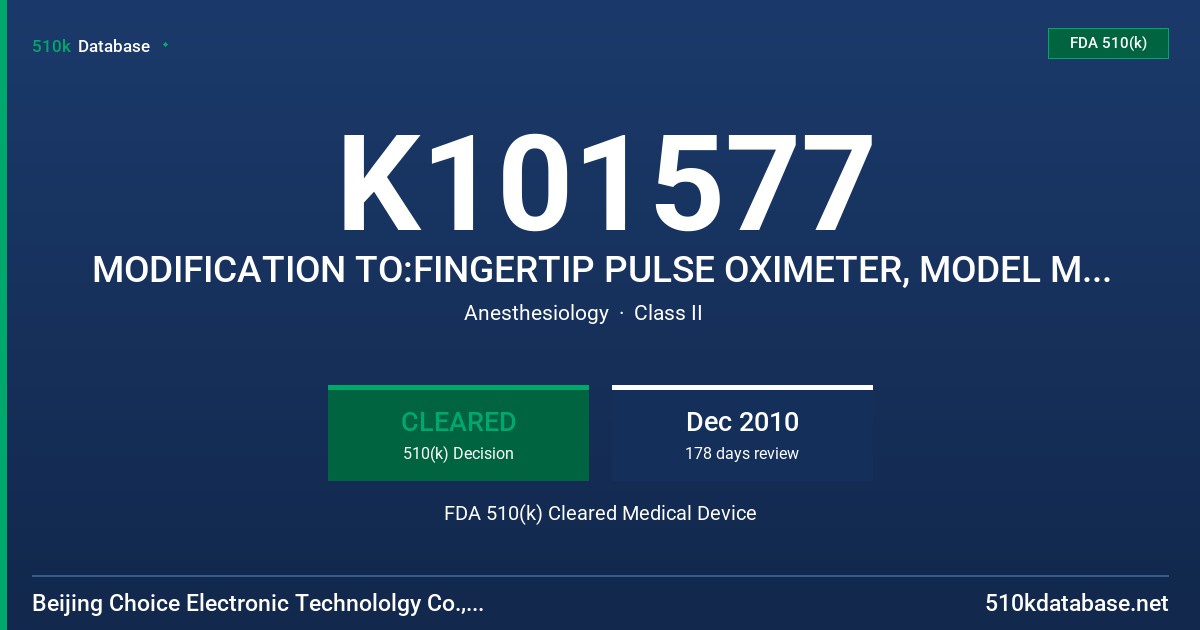 K101577 MODIFICATION TO:FINGERTIP PULSE OXIMETER, MODEL MD300C SERIES FDA 510(k) Cleared Medical Device