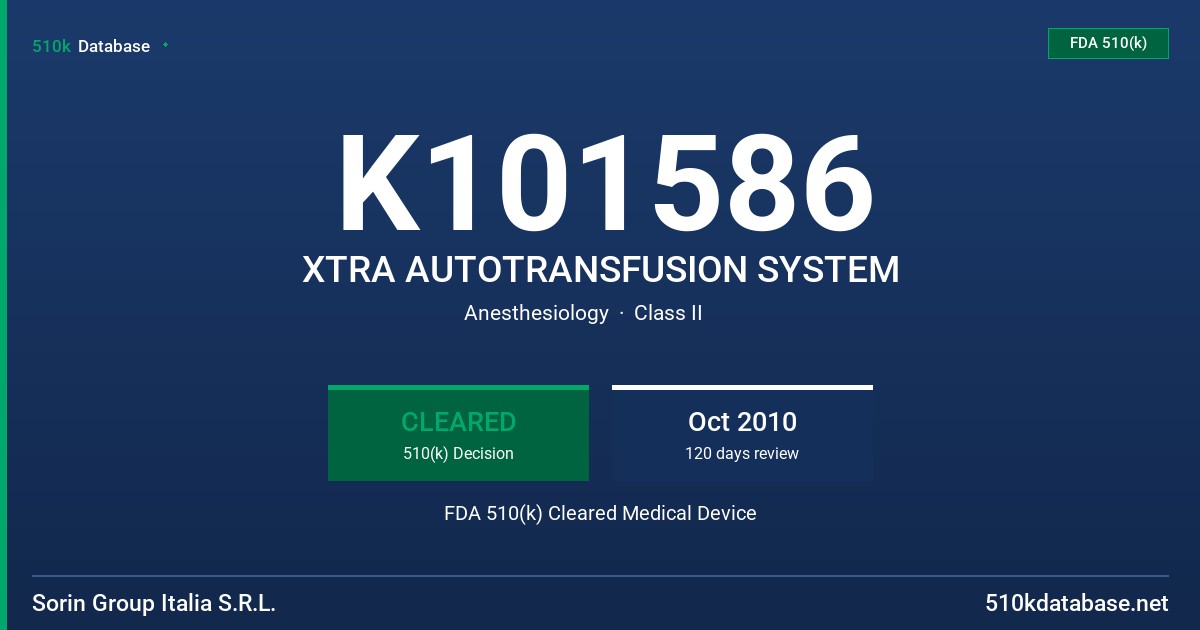 K101586 XTRA AUTOTRANSFUSION SYSTEM FDA 510(k) Cleared Medical Device