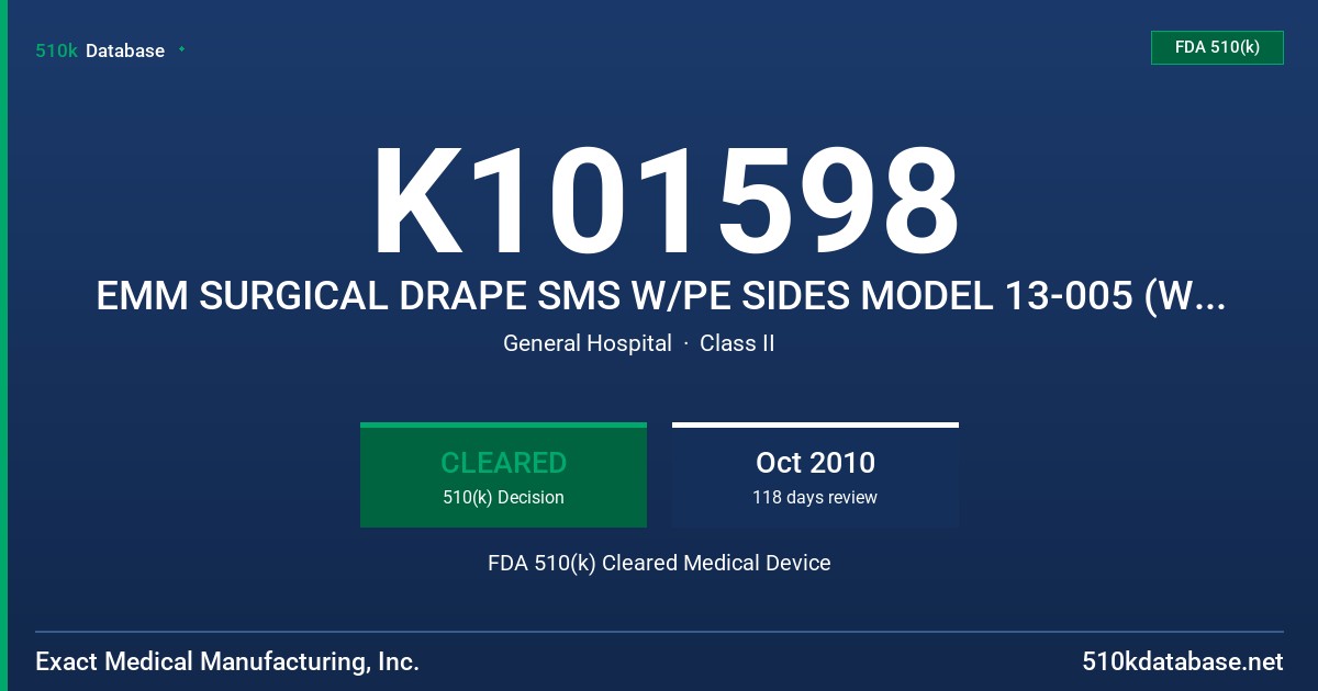 K101598 EMM SURGICAL DRAPE SMS W/PE SIDES MODEL 13-005 (WITH MINOR DIMENSIONAL VARIATIONS FOR ALTERNATE CONFIGURATIONS) FDA 510(k) Cleared Medical Device