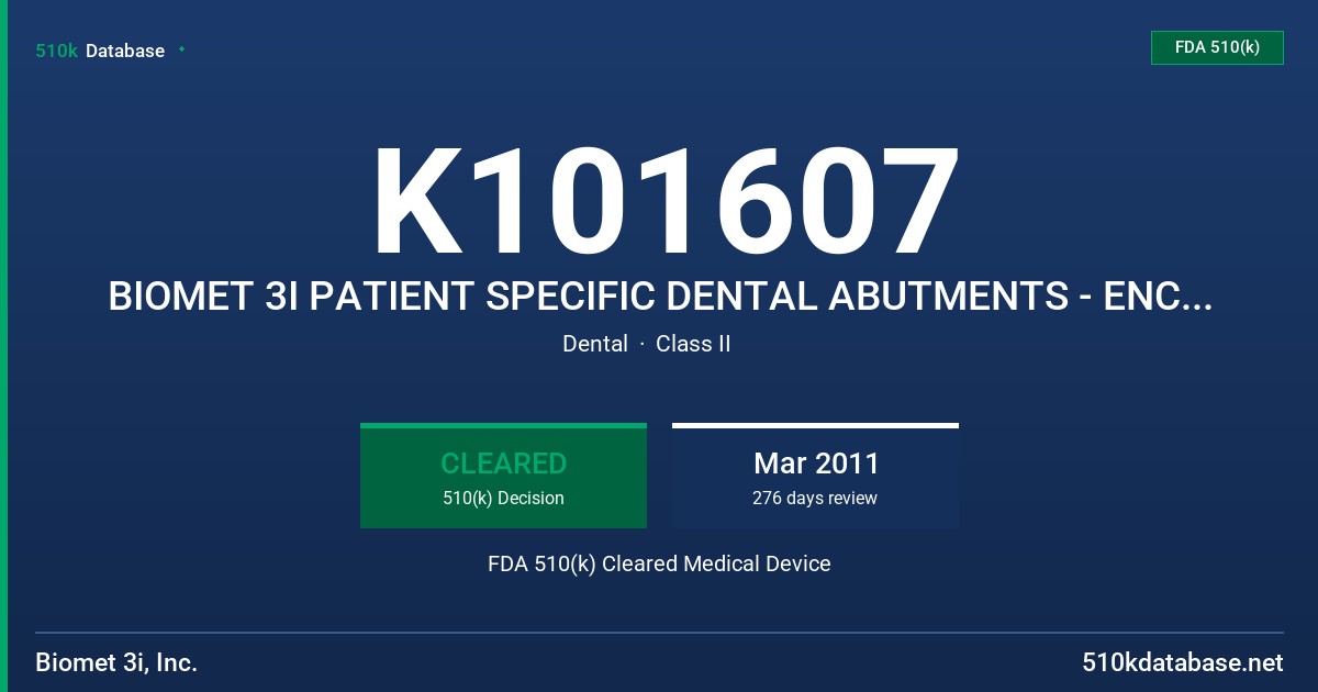 K101607 BIOMET 3I PATIENT SPECIFIC DENTAL ABUTMENTS - ENCODE ABUTMENTS FDA 510(k) Cleared Medical Device