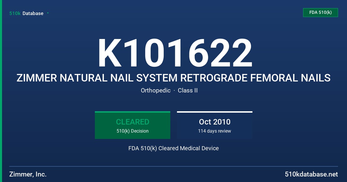 K101622 ZIMMER NATURAL NAIL SYSTEM RETROGRADE FEMORAL NAILS FDA 510(k) Cleared Medical Device