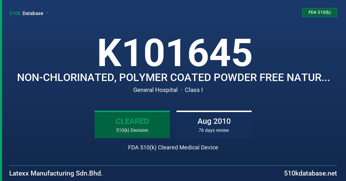 K101645 NON-CHLORINATED, POLYMER COATED POWDER FREE NATURAL RUBBER LATEX EXAMINATION GLOVES AND PROTEIN LABELING CLAIM OF FDA 510(k) Cleared Medical Device