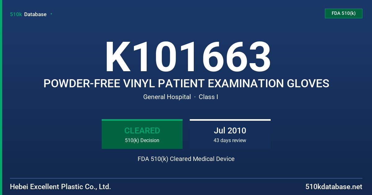K101663 POWDER-FREE VINYL PATIENT EXAMINATION GLOVES FDA 510(k) Cleared Medical Device