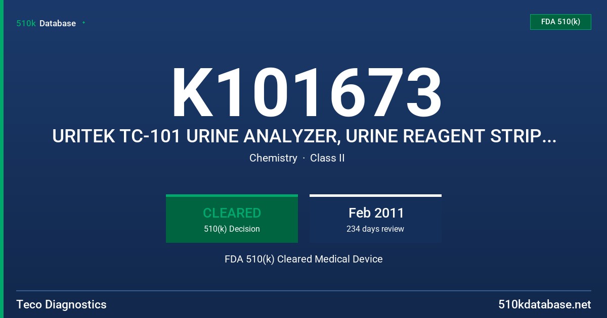 K101673 URITEK TC-101 URINE ANALYZER, URINE REAGENT STRIPS 10, MODELS TC-101, URS-10 FDA 510(k) Cleared Medical Device