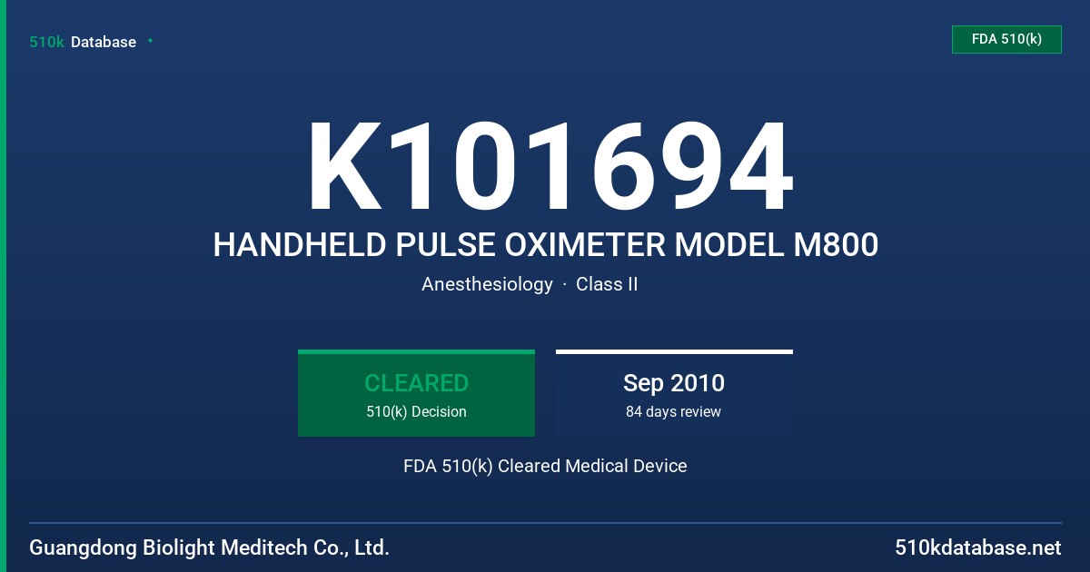 K101694 HANDHELD PULSE OXIMETER MODEL M800 FDA 510(k) Cleared Medical Device