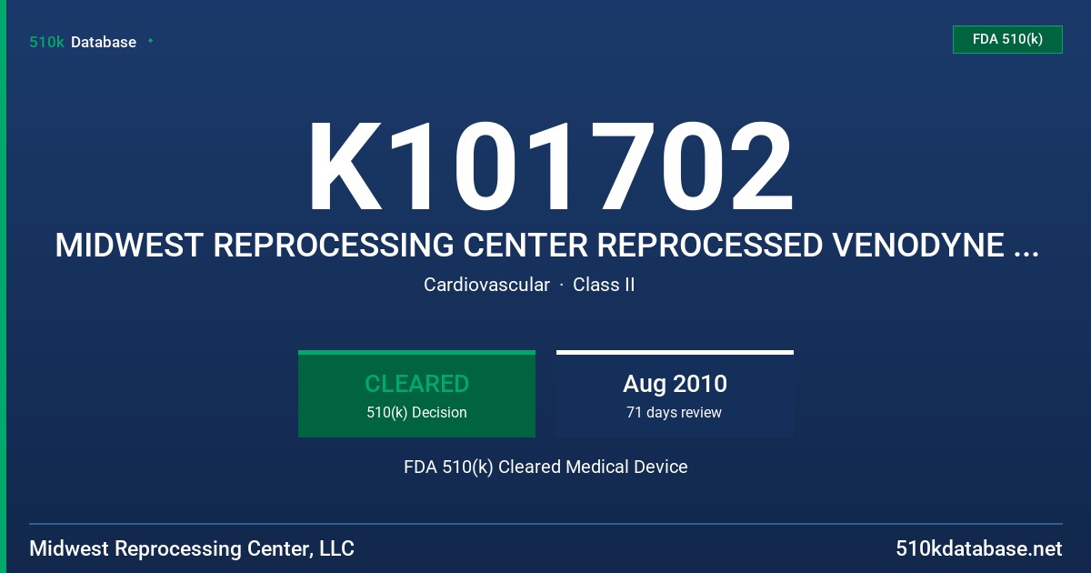K101702 MIDWEST REPROCESSING CENTER REPROCESSED VENODYNE SLEEVES/FOOT CUFFS FDA 510(k) Cleared Medical Device