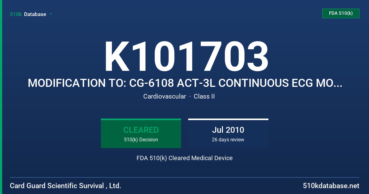 K101703 MODIFICATION TO: CG-6108 ACT-3L CONTINUOUS ECG MONITOR AND ARRHYTHMIA DETECTOR, MODEL FG-00084 FDA 510(k) Cleared Medical Device