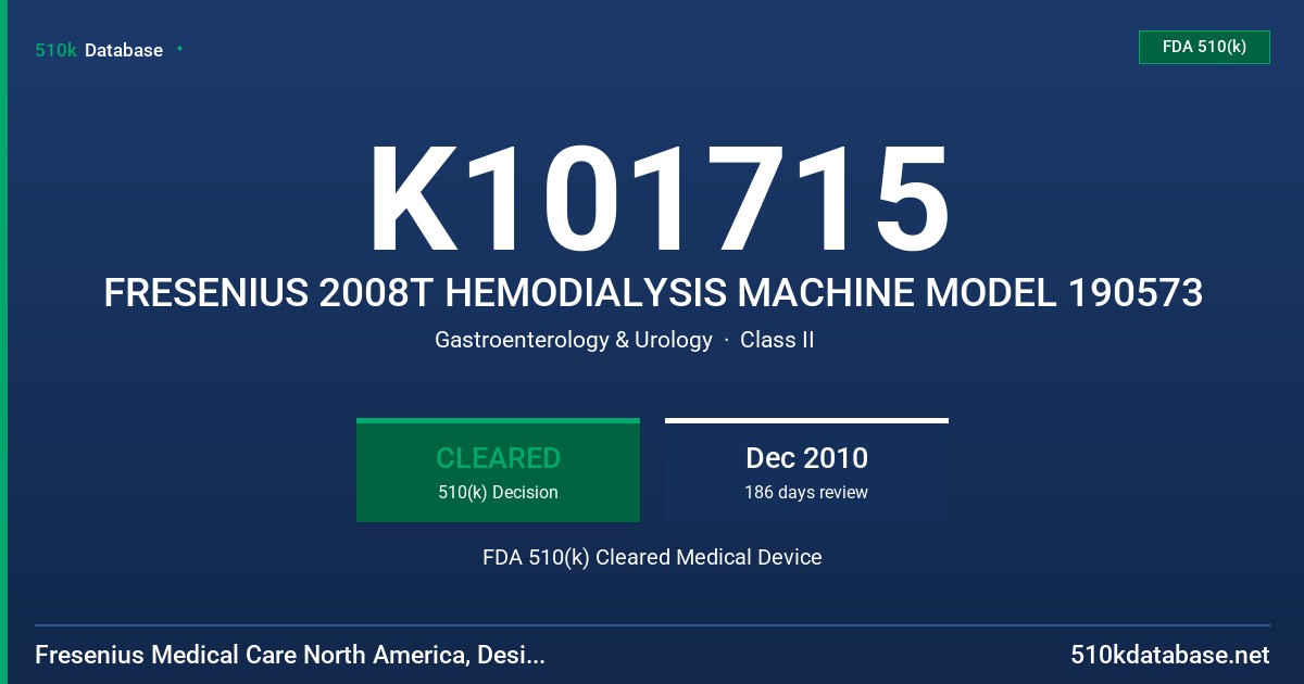 K101715 FRESENIUS 2008T HEMODIALYSIS MACHINE MODEL 190573 FDA 510(k) Cleared Medical Device