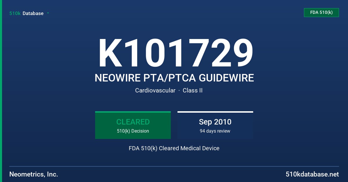 K101729 NEOWIRE PTA/PTCA GUIDEWIRE FDA 510(k) Cleared Medical Device