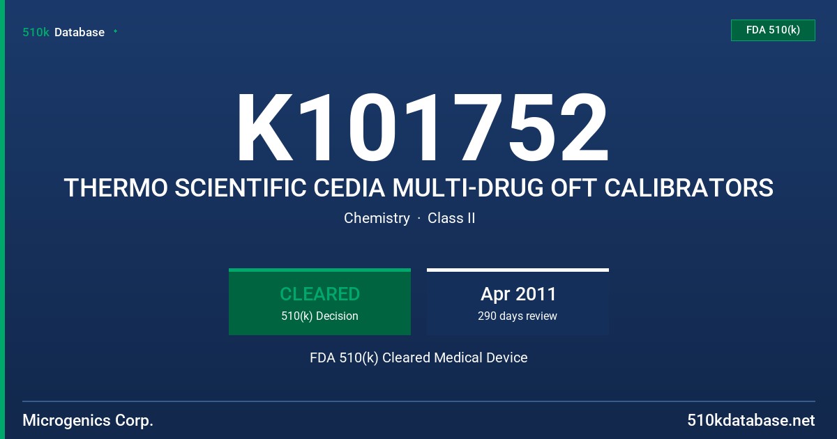 K101752 THERMO SCIENTIFIC CEDIA MULTI-DRUG OFT CALIBRATORS FDA 510(k) Cleared Medical Device