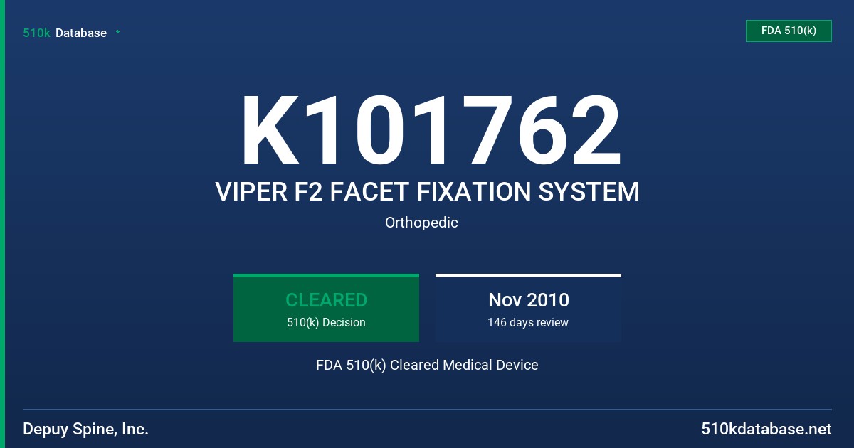 K101762 VIPER F2 FACET FIXATION SYSTEM FDA 510(k) Cleared Medical Device