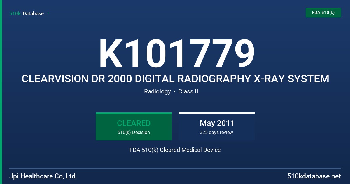 K101779 CLEARVISION DR 2000 DIGITAL RADIOGRAPHY X-RAY SYSTEM FDA 510(k) Cleared Medical Device