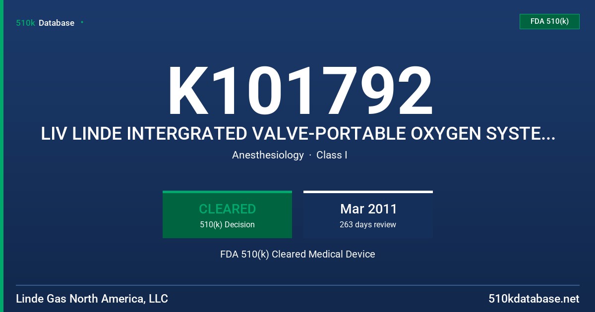 K101792 LIV LINDE INTERGRATED VALVE-PORTABLE OXYGEN SYSTEM, MODEL M706 FDA 510(k) Cleared Medical Device
