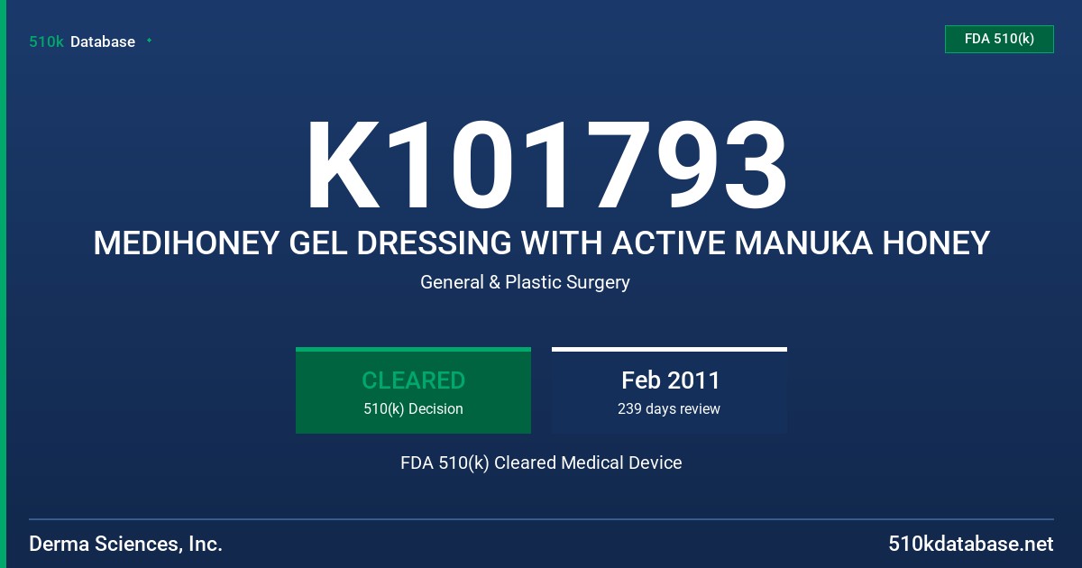 K101793 MEDIHONEY GEL DRESSING WITH ACTIVE MANUKA HONEY FDA 510(k) Cleared Medical Device