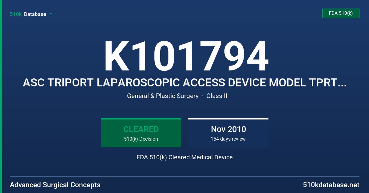 K101794 ASC TRIPORT LAPAROSCOPIC ACCESS DEVICE MODEL TPRT-02-01 (WA58000T), ASC QUADPORT LAPAROSCOPIC ASSCESS DEVICE QPRT-01 (WA FDA 510(k) Cleared Medical Device