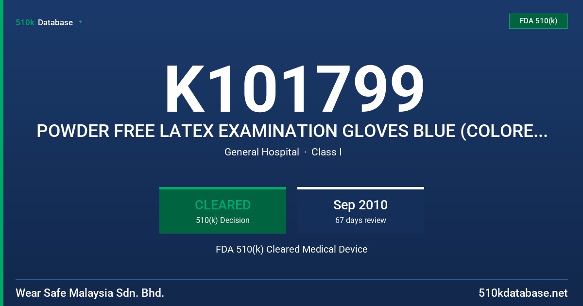K101799 POWDER FREE LATEX EXAMINATION GLOVES BLUE (COLORED), NON-STERILE, WITH PROTEIN LABELING CLAIM OF 50UG PER DM2 OF GLOVE FDA 510(k) Cleared Medical Device
