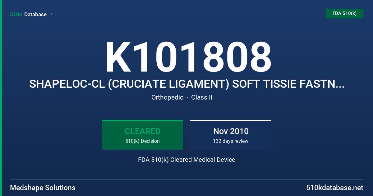 K101808 SHAPELOC-CL (CRUCIATE LIGAMENT) SOFT TISSIE FASTNER, SHAPELOC-ST (TENODESIS) SOFT TISSUE FASTNER FDA 510(k) Cleared Medical Device
