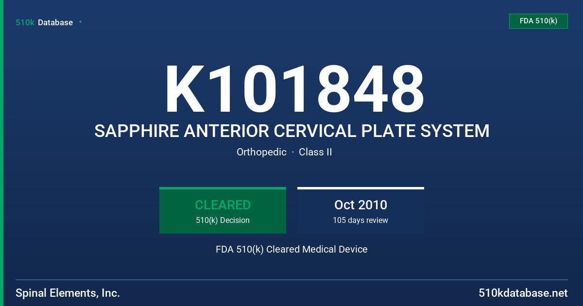 K101848 SAPPHIRE ANTERIOR CERVICAL PLATE SYSTEM FDA 510(k) Cleared Medical Device