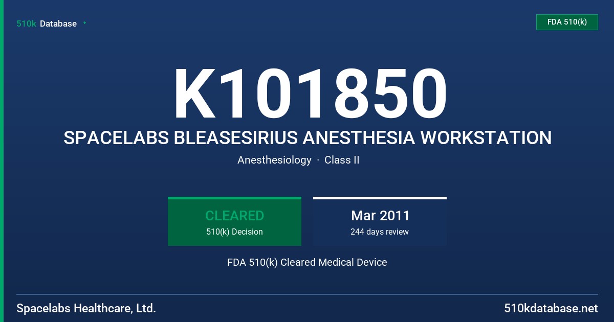 K101850 SPACELABS BLEASESIRIUS ANESTHESIA WORKSTATION FDA 510(k) Cleared Medical Device
