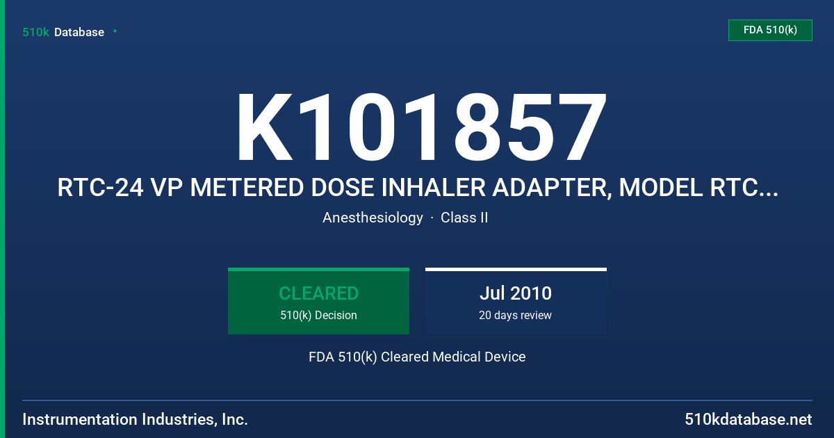 K101857 RTC-24 VP METERED DOSE INHALER ADAPTER, MODEL RTC 24-V FDA 510(k) Cleared Medical Device