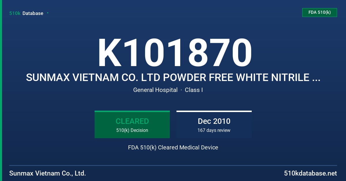 K101870 SUNMAX VIETNAM CO. LTD POWDER FREE WHITE NITRILE EXAMINATION GLOVE FDA 510(k) Cleared Medical Device