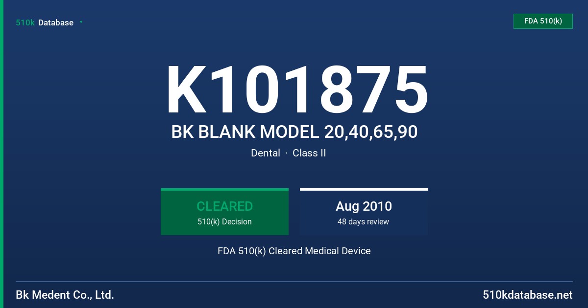 K101875 BK BLANK MODEL 20,40,65,90 FDA 510(k) Cleared Medical Device