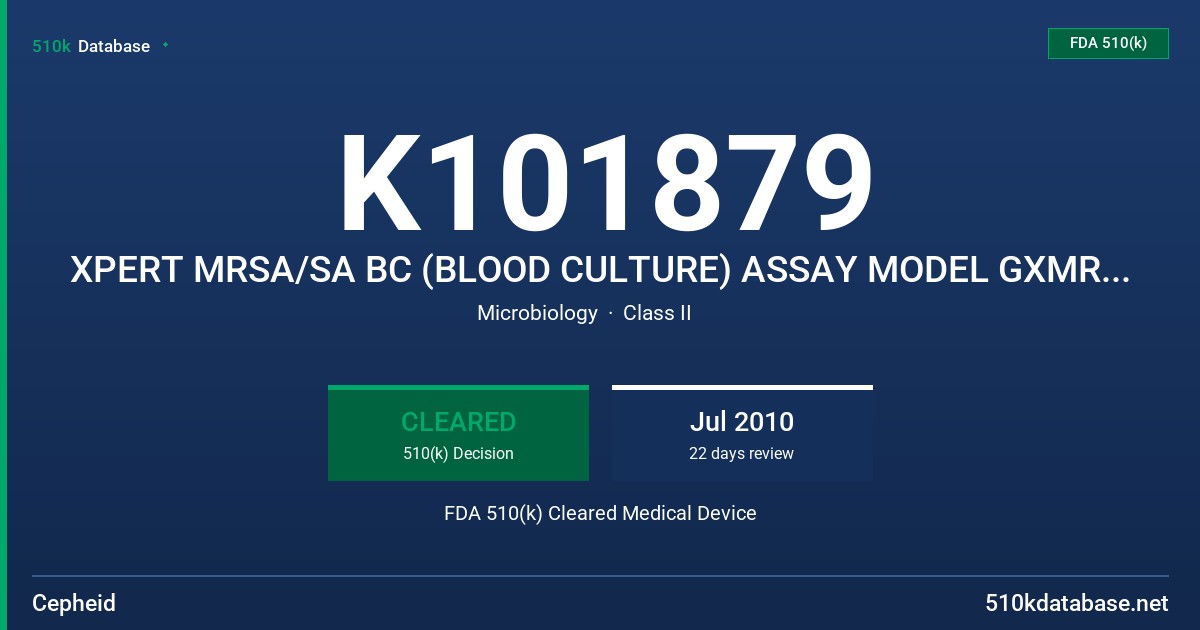 K101879 XPERT MRSA/SA BC (BLOOD CULTURE) ASSAY MODEL GXMRSA/SA-BC-10 FDA 510(k) Cleared Medical Device