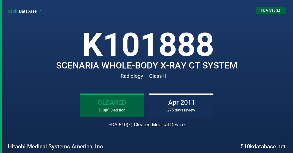 K101888 SCENARIA WHOLE-BODY X-RAY CT SYSTEM FDA 510(k) Cleared Medical Device