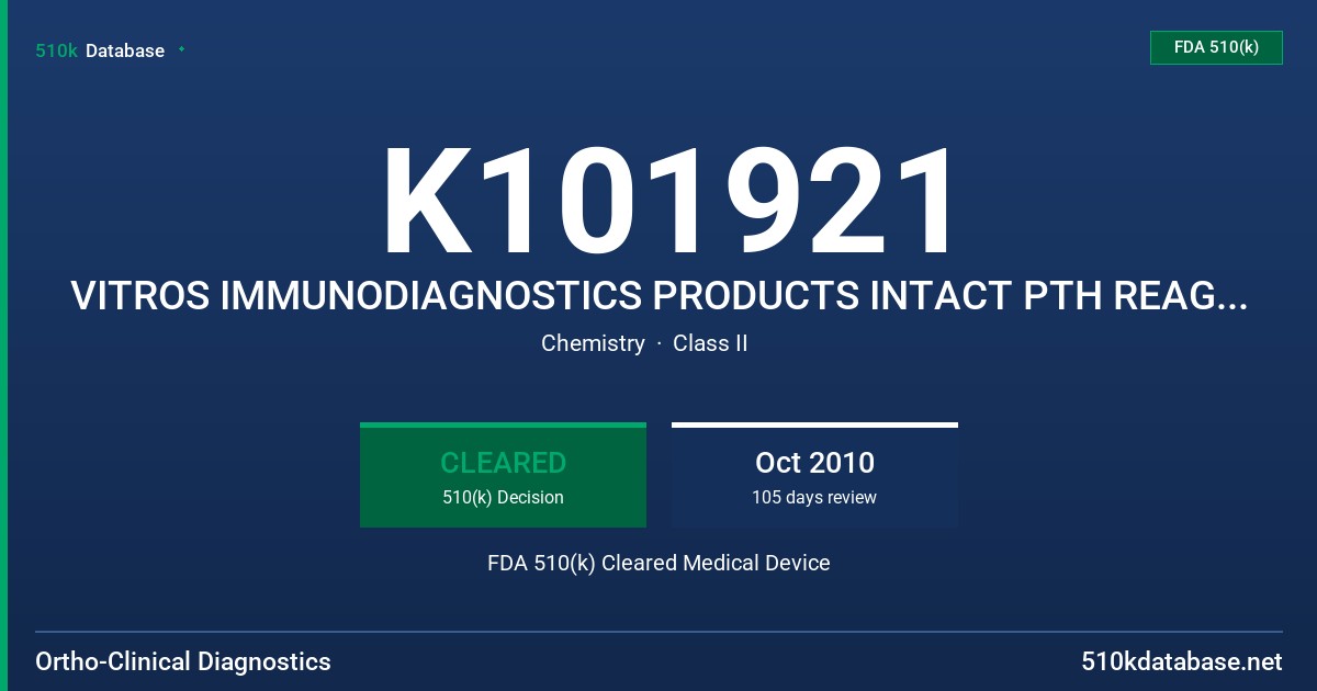 K101921 VITROS IMMUNODIAGNOSTICS PRODUCTS INTACT PTH REAGENT PACK, VITROS IMMUNODIAGNOSTICS PRODUCTS INTACT PTH CALIBRATORS, VIT FDA 510(k) Cleared Medical Device