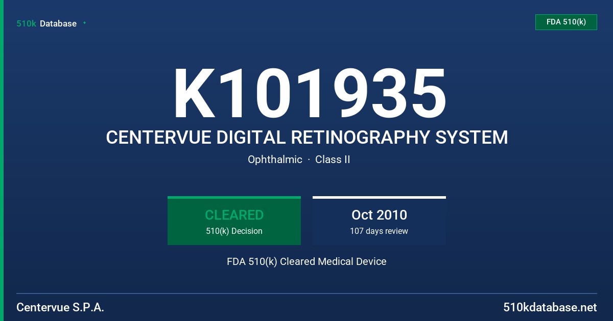 K101935 CENTERVUE DIGITAL RETINOGRAPHY SYSTEM FDA 510(k) Cleared Medical Device