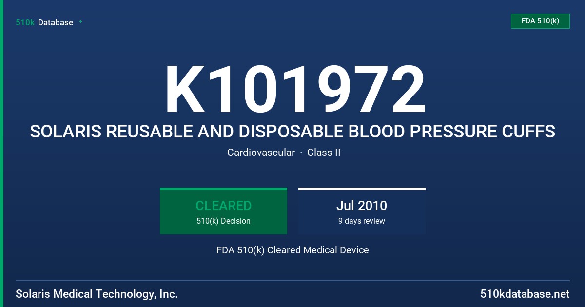 K101972 SOLARIS REUSABLE AND DISPOSABLE BLOOD PRESSURE CUFFS FDA 510(k) Cleared Medical Device