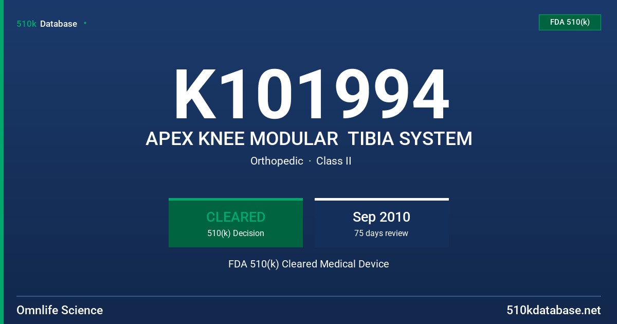 K101994 APEX KNEE MODULAR  TIBIA SYSTEM FDA 510(k) Cleared Medical Device