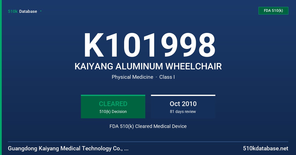 K101998 KAIYANG ALUMINUM WHEELCHAIR FDA 510(k) Cleared Medical Device
