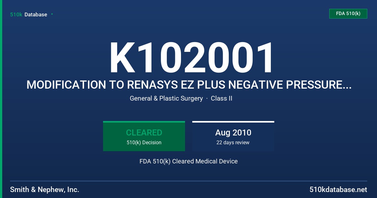 K102001 MODIFICATION TO RENASYS EZ PLUS NEGATIVE PRESSURE WOUND THERAPY FDA 510(k) Cleared Medical Device